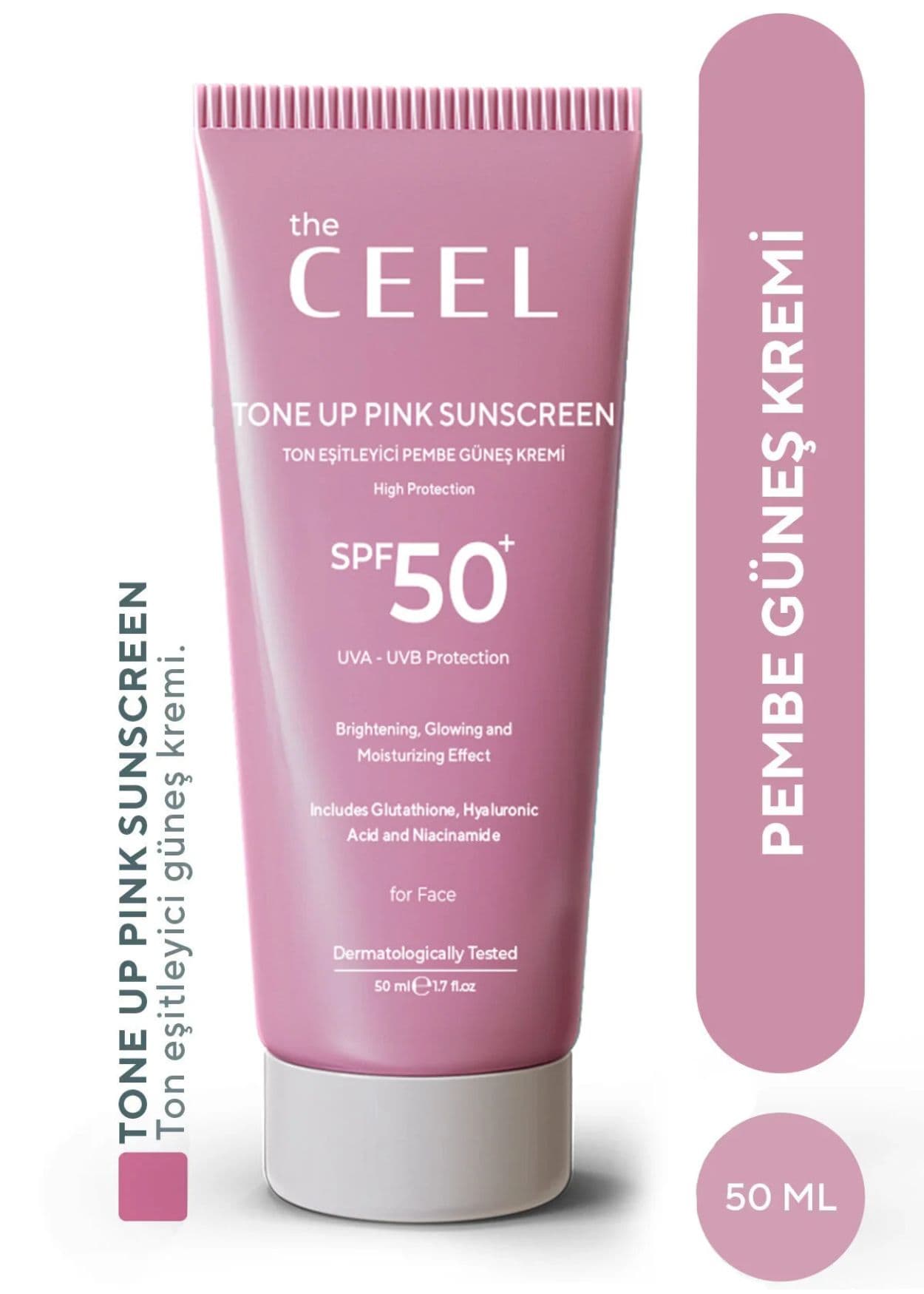 The Ceel Rosafarbene Sonnenschutzcreme SPF 50+ gegen Pigmentflecken und für einen ebenmäßigen Hautton, mit Glutathion und Hyaluronsäure
