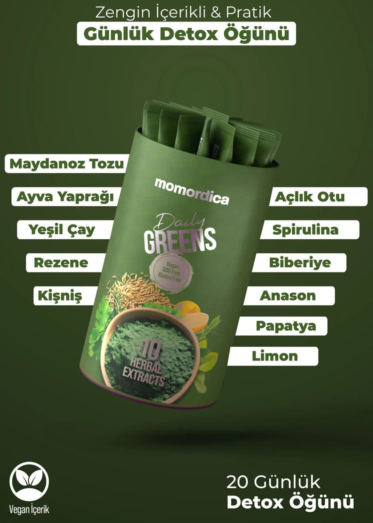 Momordica Daily Greens (Spirulina, Grüntee, Rosmarin, Sennesblätter, Fenchel +10 Kräuter)