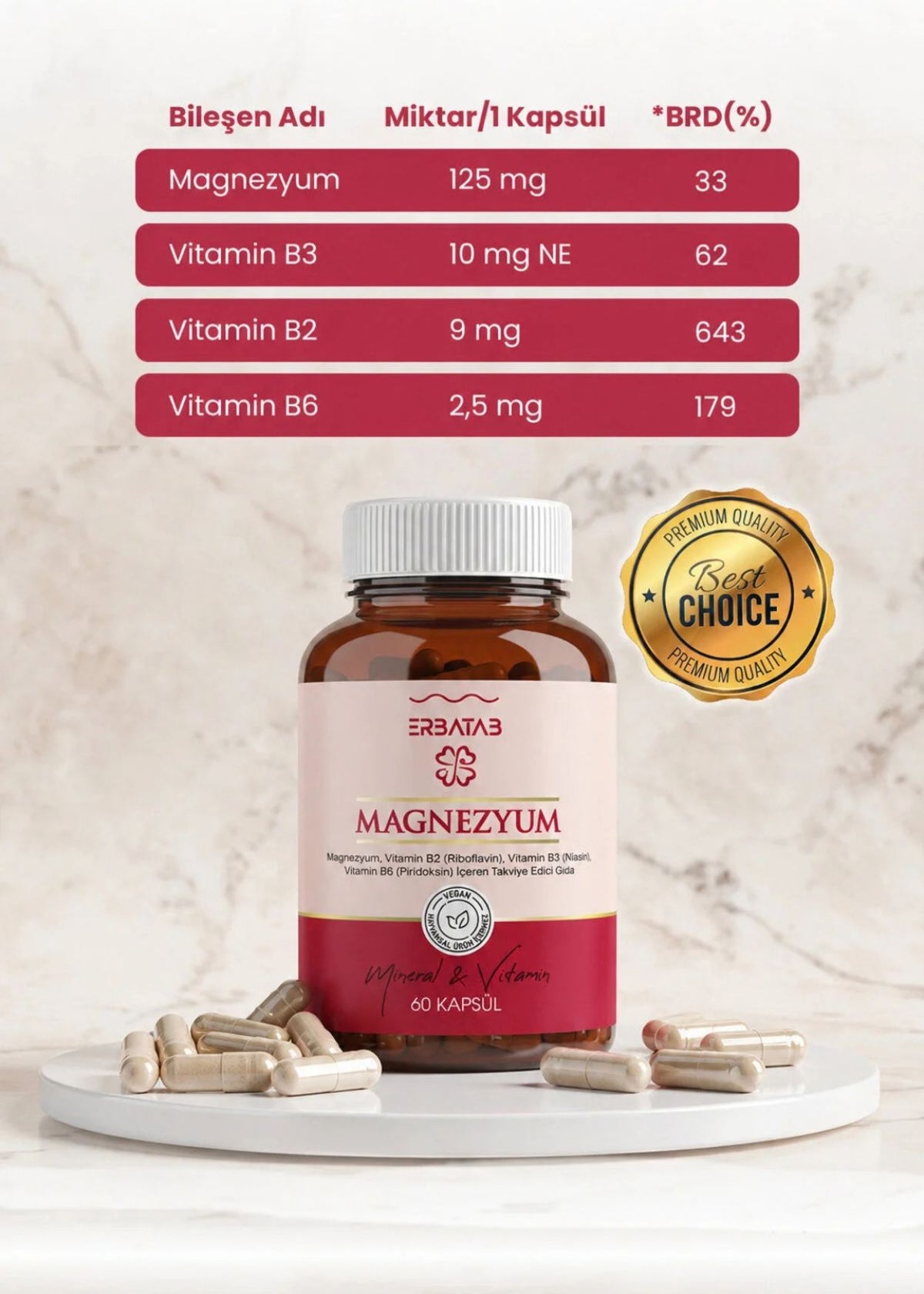 Erbatab Magnesium 3-Fach-Form (Bisglycinat, Citrat, Malat) & Vitamin B2, B3, B6