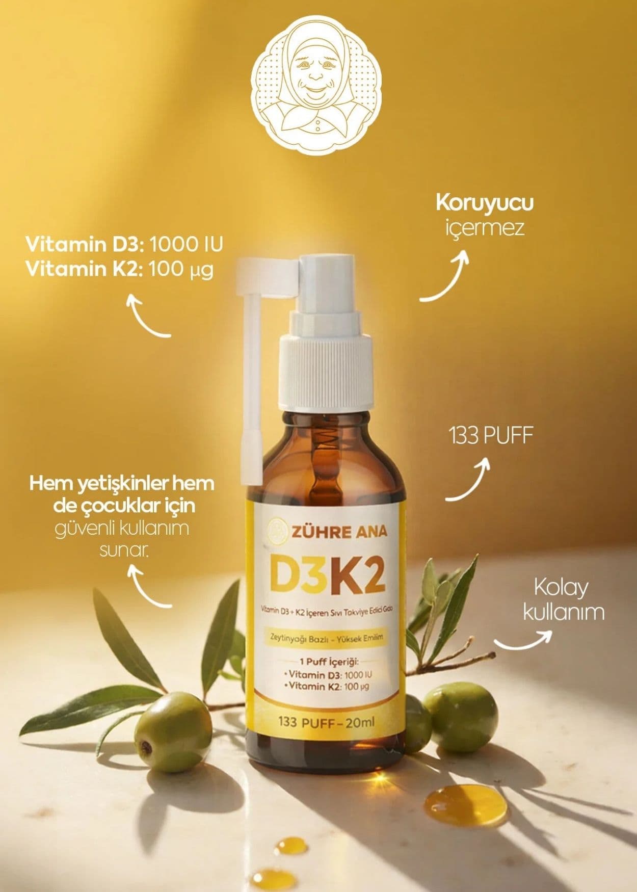 Zühre Ana Vitamin Flüssiges Nahrungsergänzungsmittel mit D3 & K2 – Spray
