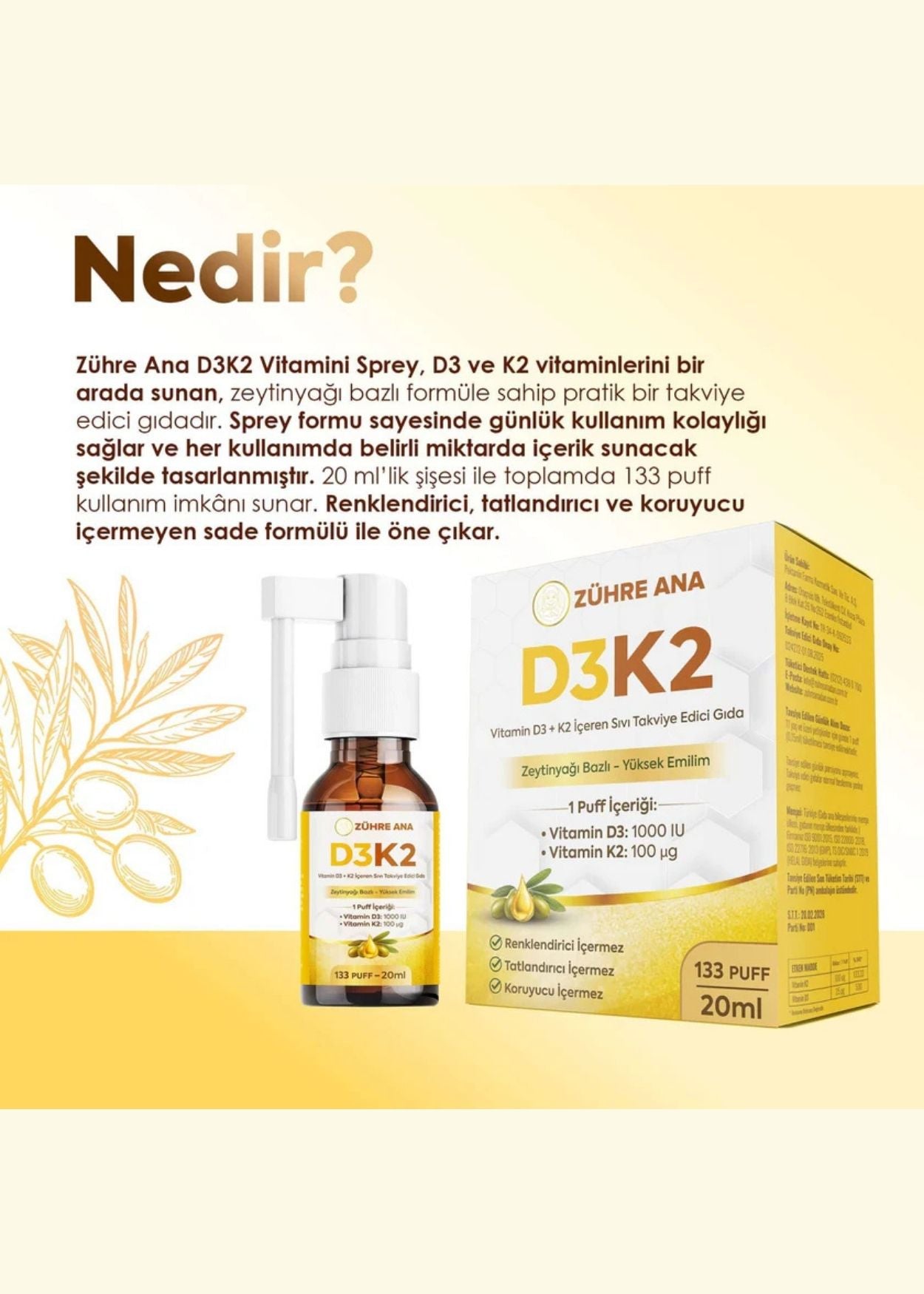 Zühre Ana Vitamin Flüssiges Nahrungsergänzungsmittel mit D3 & K2 – Spray