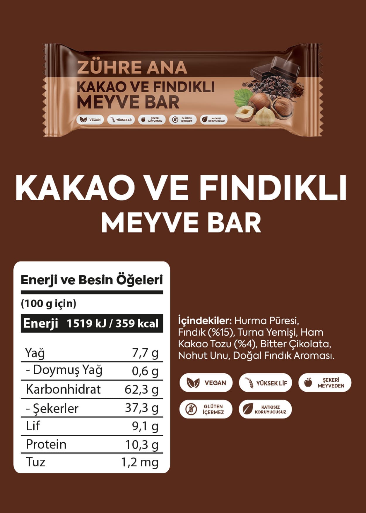 Zühre Ana Kakao- und Haselnuss-Fruchtriegel