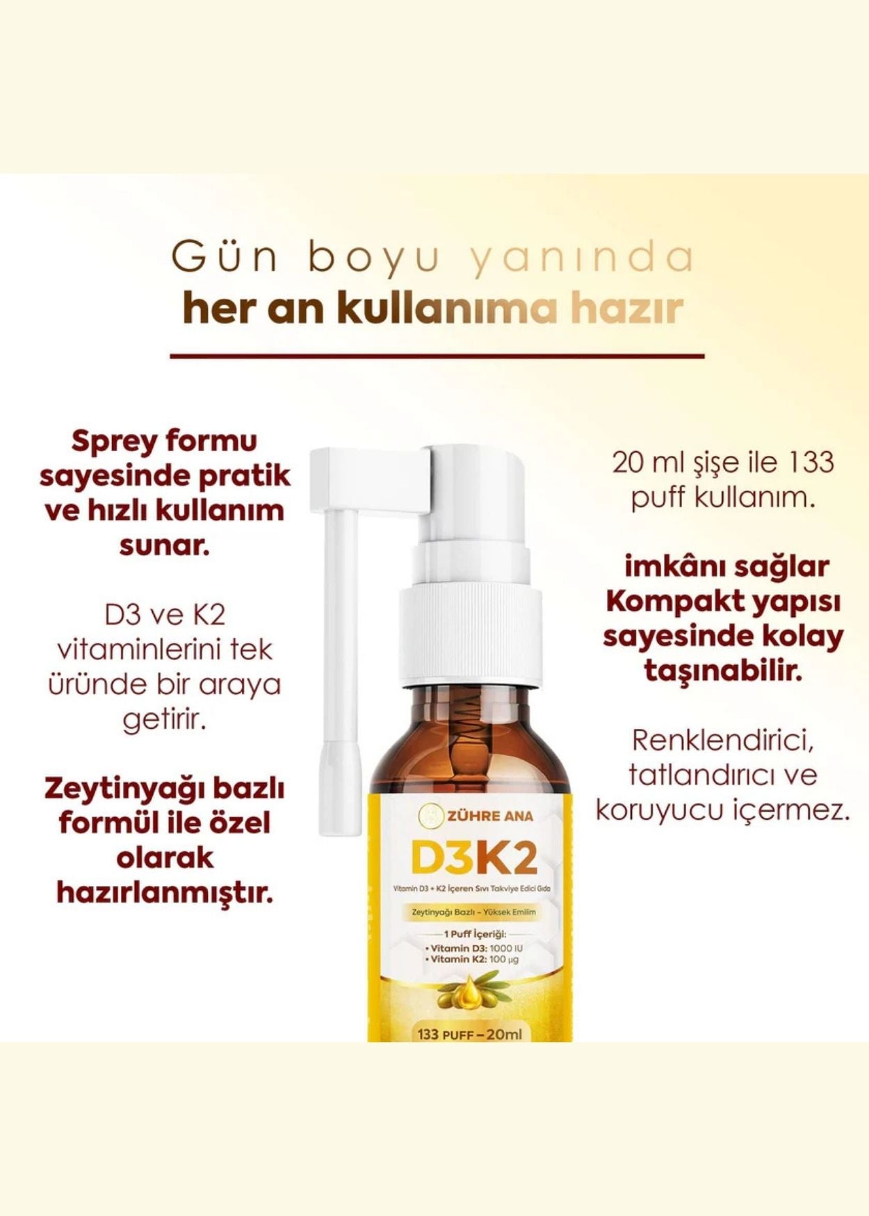 Zühre Ana Vitamin Flüssiges Nahrungsergänzungsmittel mit D3 & K2 – Spray