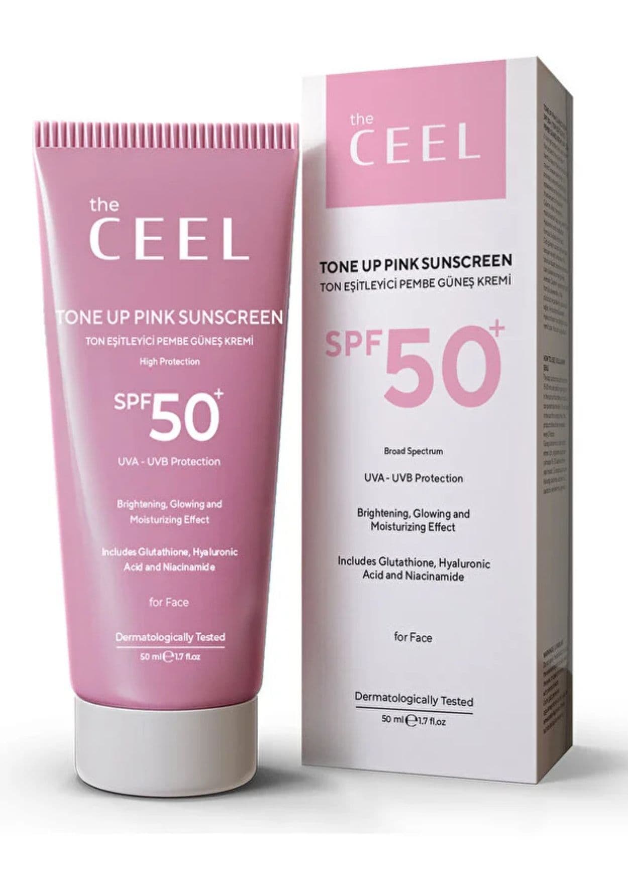 The Ceel Rosafarbene Sonnenschutzcreme SPF 50+ gegen Pigmentflecken und für einen ebenmäßigen Hautton, mit Glutathion und Hyaluronsäure