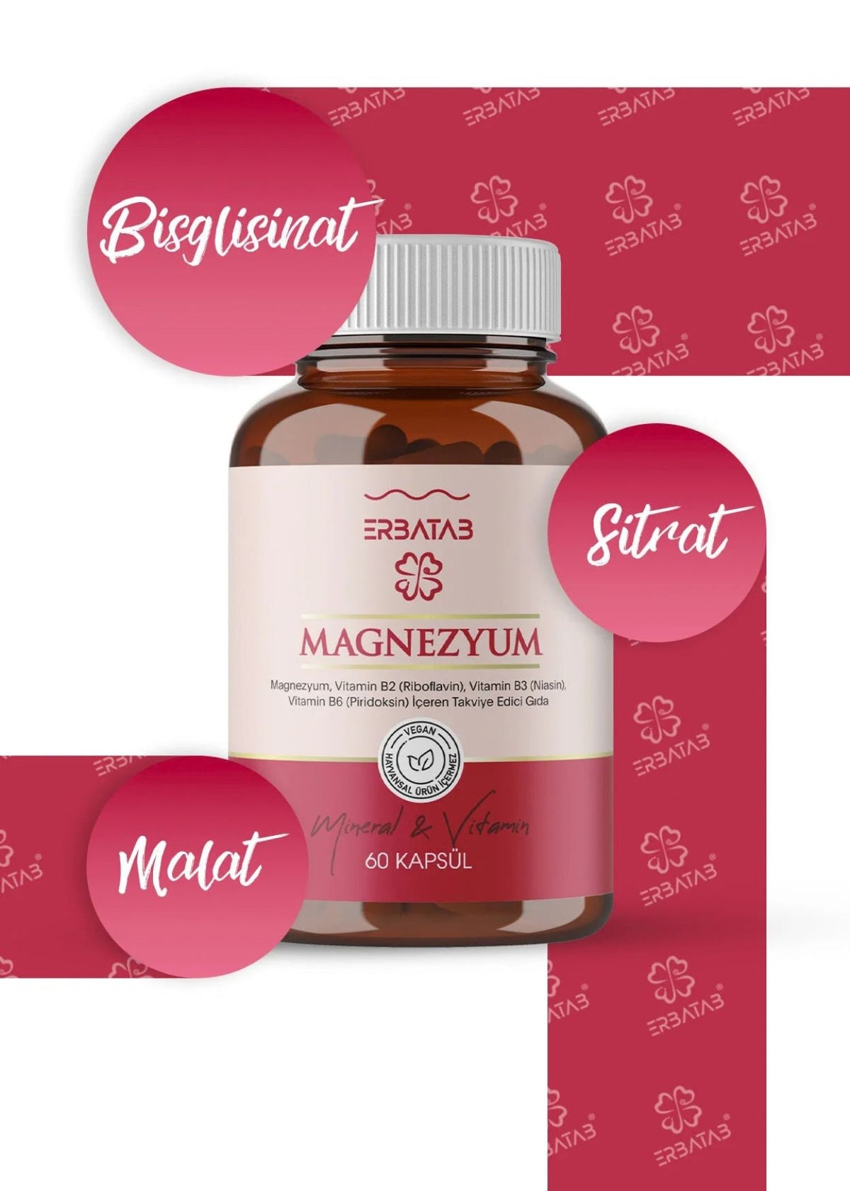 Erbatab Magnesium 3-Fach-Form (Bisglycinat, Citrat, Malat) & Vitamin B2, B3, B6