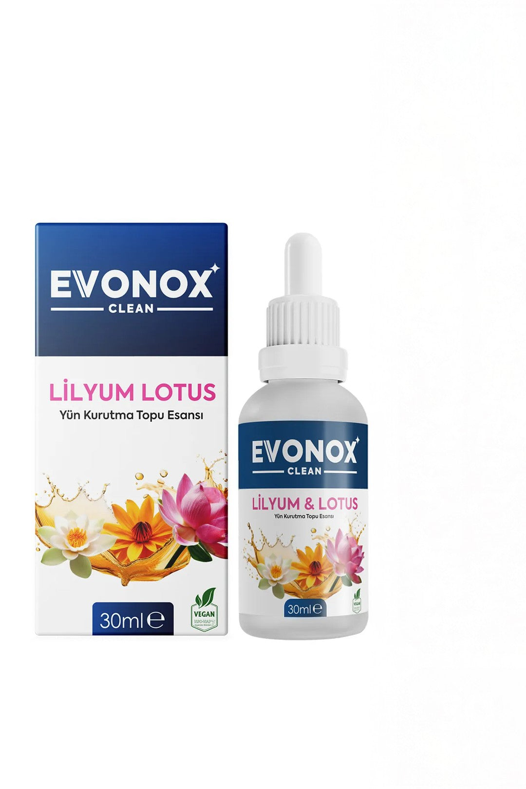 Evonox Wäsche-Wollfilz-Trocknerbällchen - 3 Stück + Wolltrocknerball-Essenz Lilie Lotus 30 ml