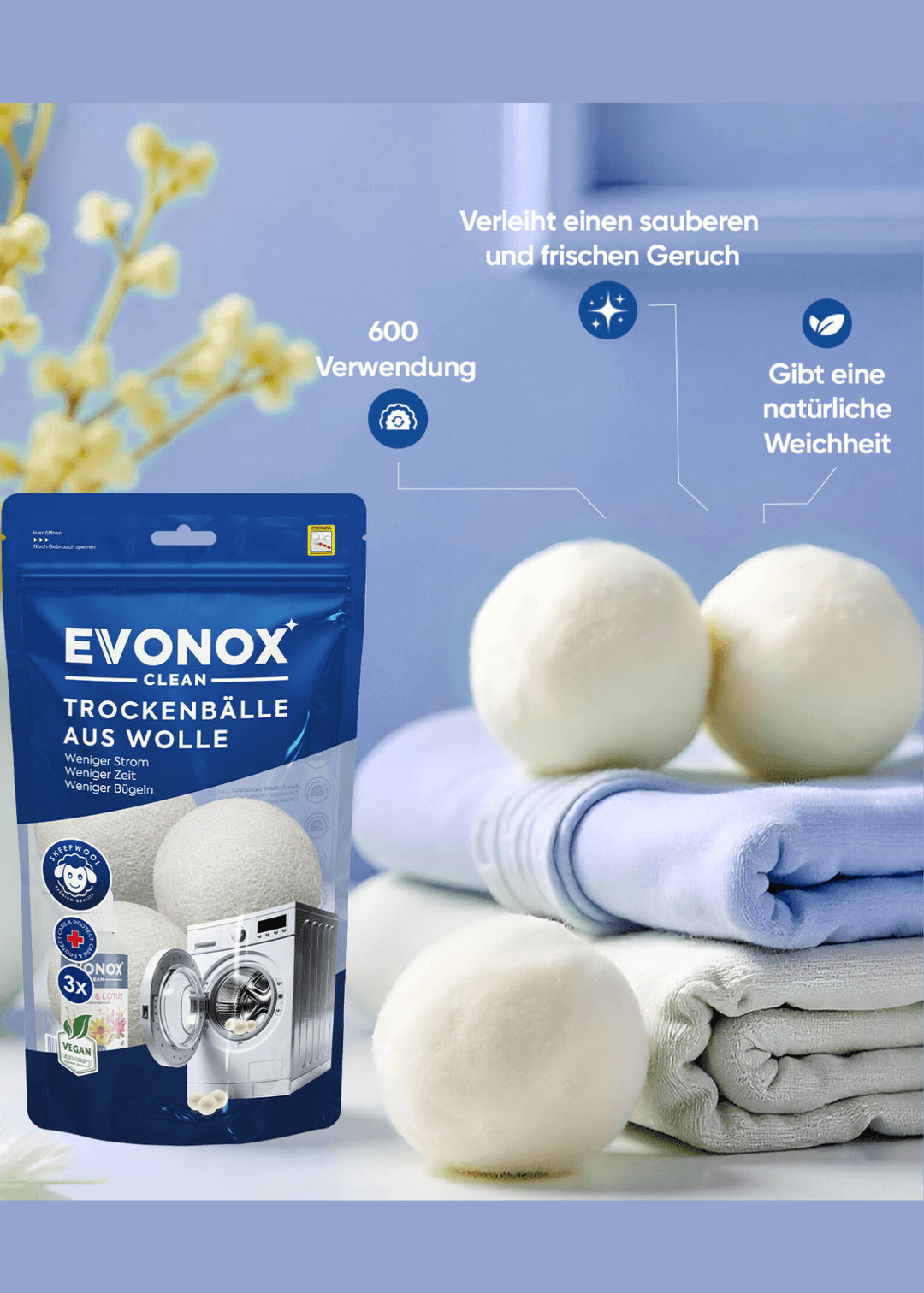 Evonox Wäsche-Wollfilz-Trocknerbällchen - 3 Stück + Wolltrocknerball-Essenz Lilie Lotus 30 ml
