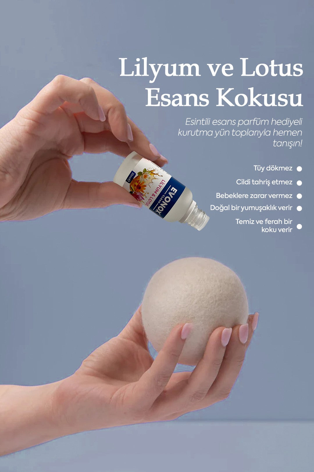 Evonox Wäsche-Wollfilz-Trocknerbällchen - 3 Stück + Wolltrocknerball-Essenz Lilie Lotus 30 ml