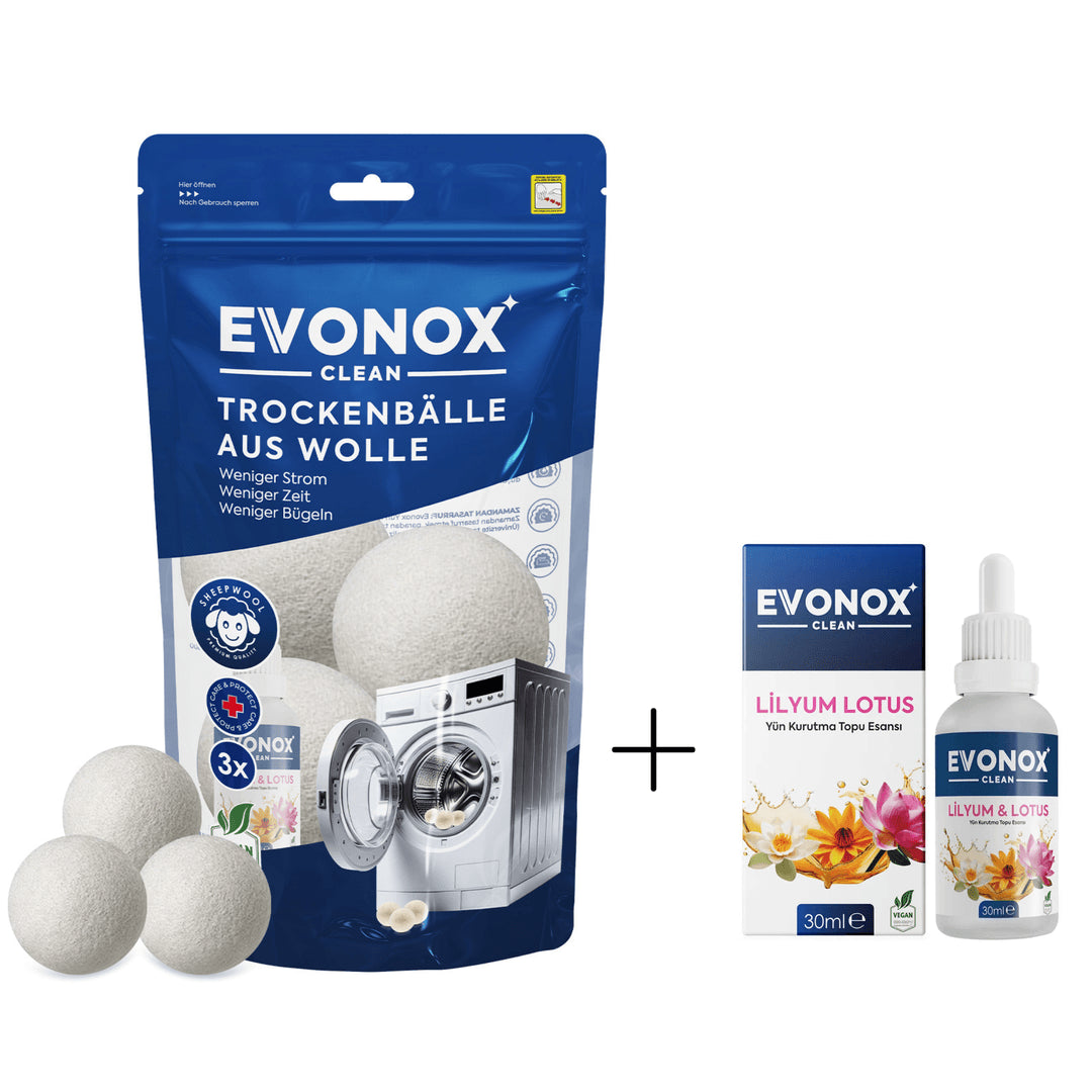Evonox Wäsche-Wollfilz-Trocknerbällchen - 3 Stück + Wolltrocknerball-Essenz Lilie Lotus 30 ml