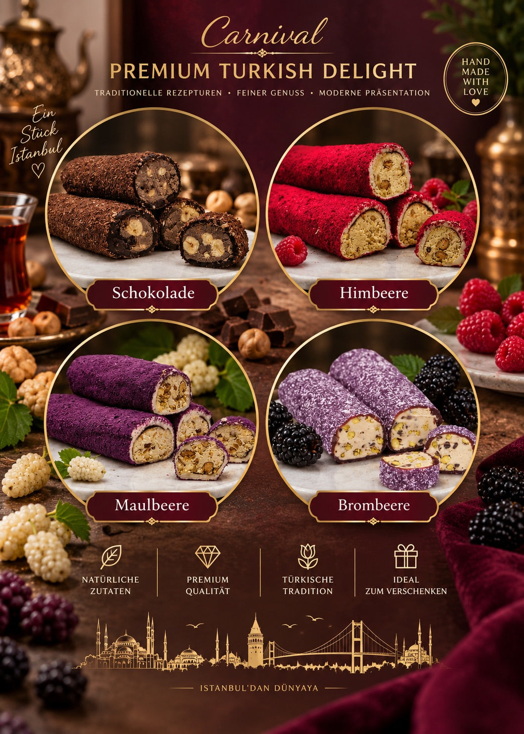 Türkische Süßware mit Brombeere, Schokolade, Maulbeere & Himbeere